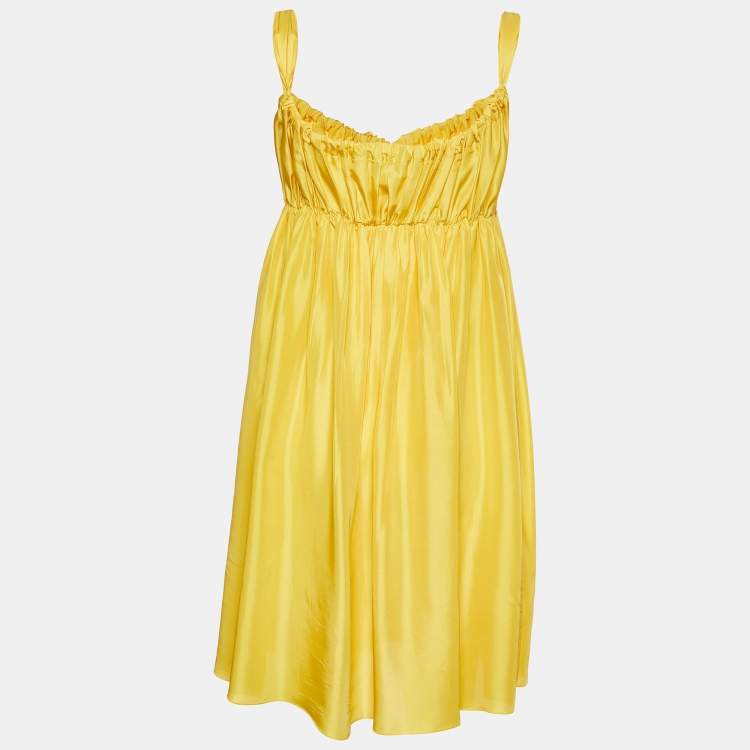 Pre Owned Dolce & Gabbana Yellow Silk Satin Ruched Sleeveless Mini Dress M