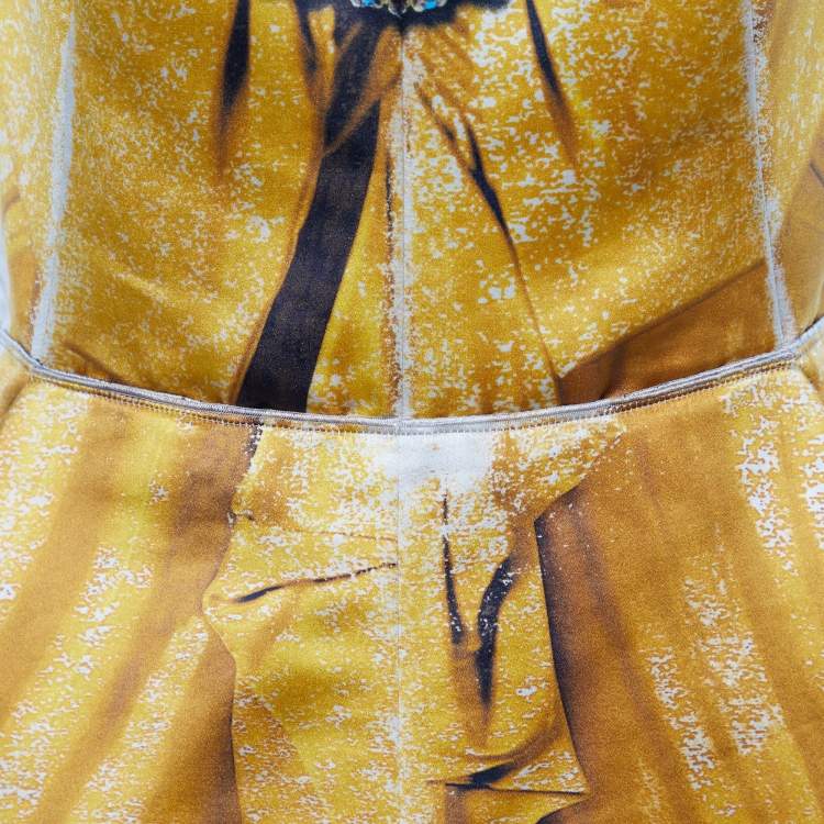Pre Owned D&G Yellow Printed Sateen Strapless Mini Dress L