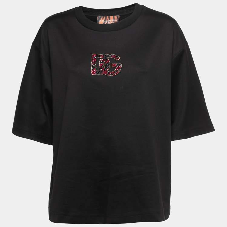 Pre Owned Dolce & Gabbana Black Cotton Embroidered Logo T-Shirt XL