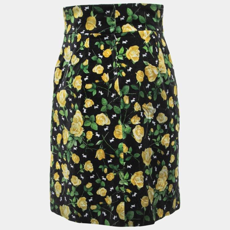 Pre Owned Dolce & Gabbanna Black Floral Printed Velvet Skirt M