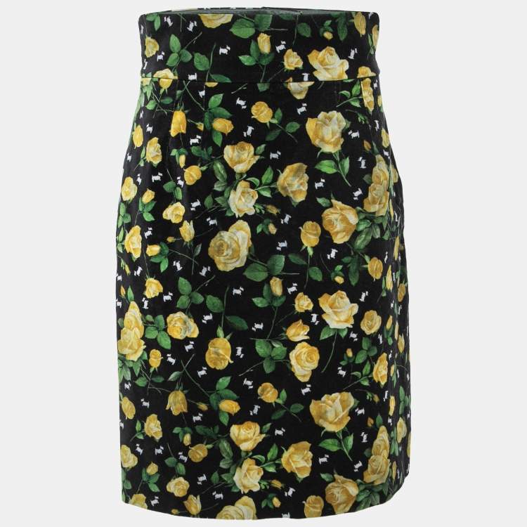 Pre Owned Dolce & Gabbanna Black Floral Printed Velvet Skirt M