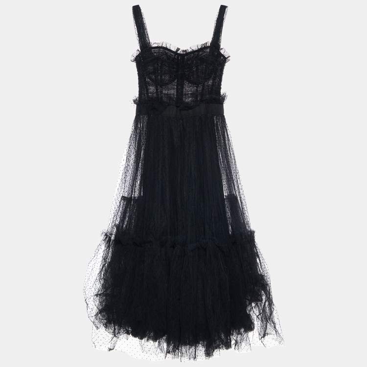Pre Owned Dolce & Gabbana Black Plumetis Tulle Ruched Midi Dress L