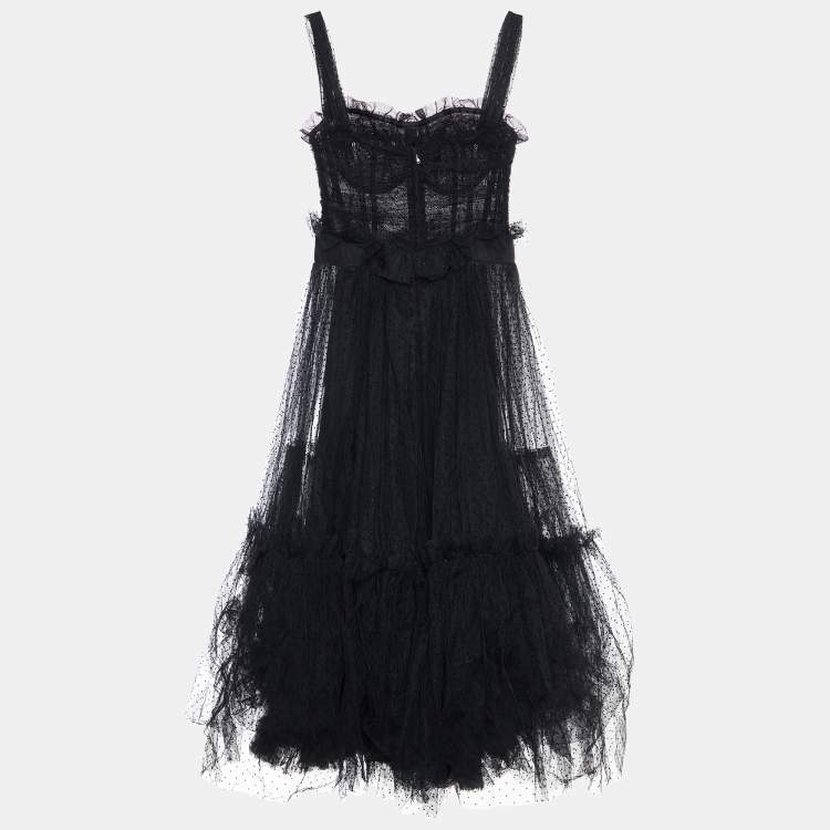 Pre Owned Dolce & Gabbana Black Plumetis Tulle Ruched Midi Dress L