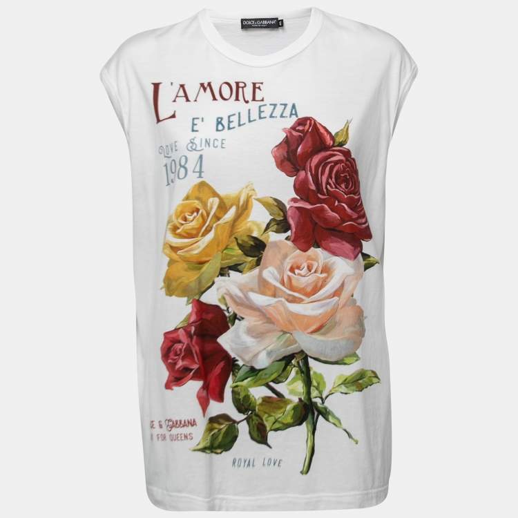 Pre Owned Dolce & Gabbana White L'amore e Bellezza Print Cotton Sleeveless T-Shirt L