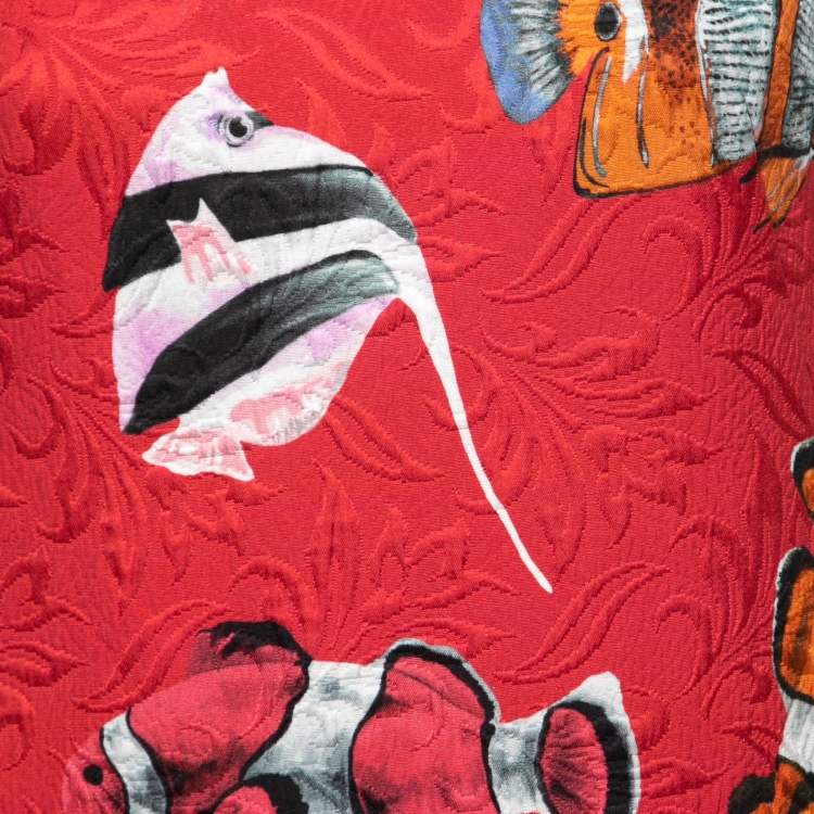 Pre Owned Dolce & Gabbana Red Fish Print Jacquard Sleeveless Shift Dress S