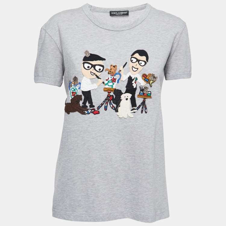 Pre Owned Dolce & Gabbana Grey Cotton DG Family Appliqued T-Shirt S