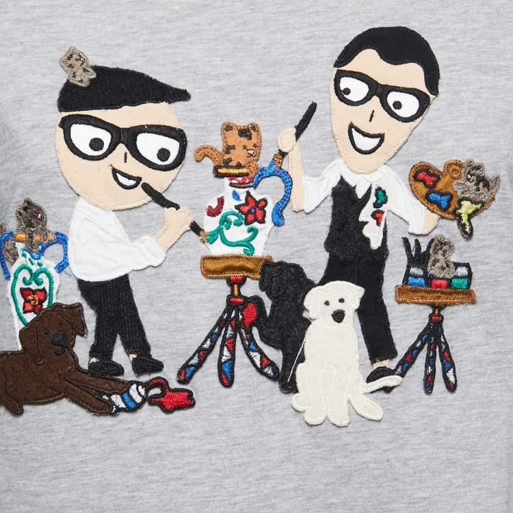 Pre Owned Dolce & Gabbana Grey Cotton DG Family Appliqued T-Shirt S