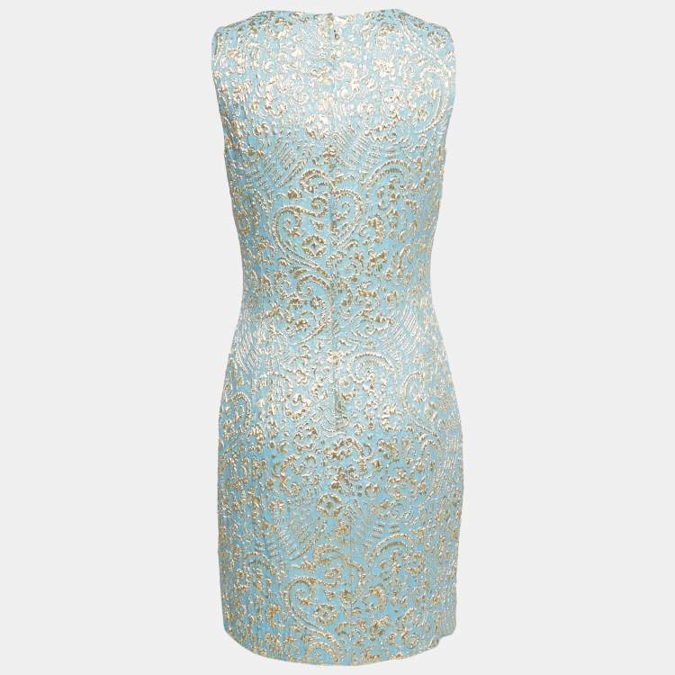 Pre Owned Dolce & Gabbana Blue & Gold Jacquard Silk Sleeveless Dress M