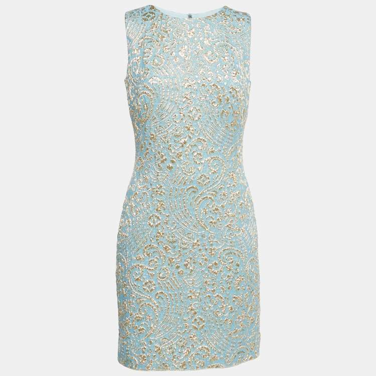 Pre Owned Dolce & Gabbana Blue & Gold Jacquard Silk Sleeveless Dress M
