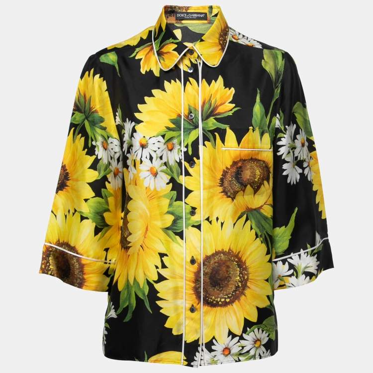Pre Owned Dolce & Gabbana Black Sunflower Printed Silk Pajama Shirt M