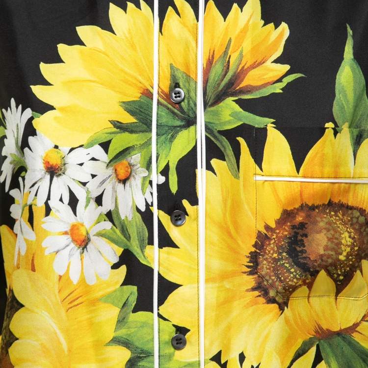 Pre Owned Dolce & Gabbana Black Sunflower Printed Silk Pajama Shirt M