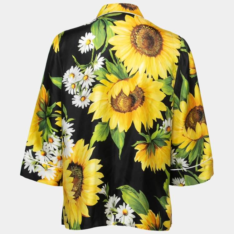 Pre Owned Dolce & Gabbana Black Sunflower Printed Silk Pajama Shirt M