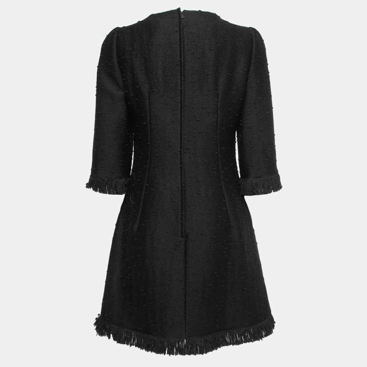 Pre Owned Dolce & Gabbana Black Tweed Fringed Mid-Length Dress M