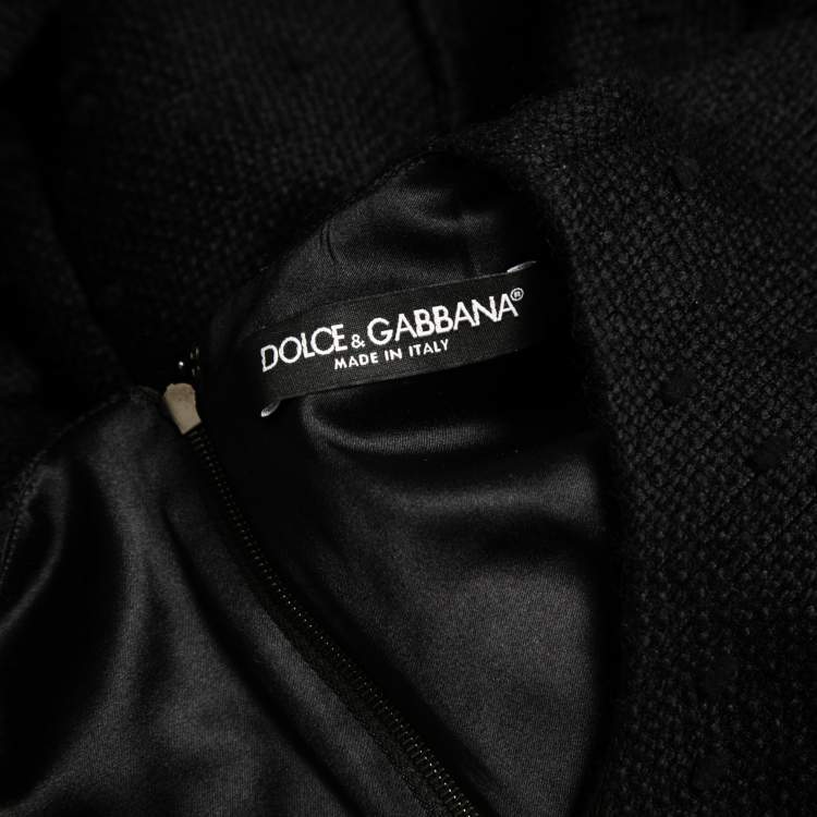 Pre Owned Dolce & Gabbana Black Tweed Fringed Mid-Length Dress M