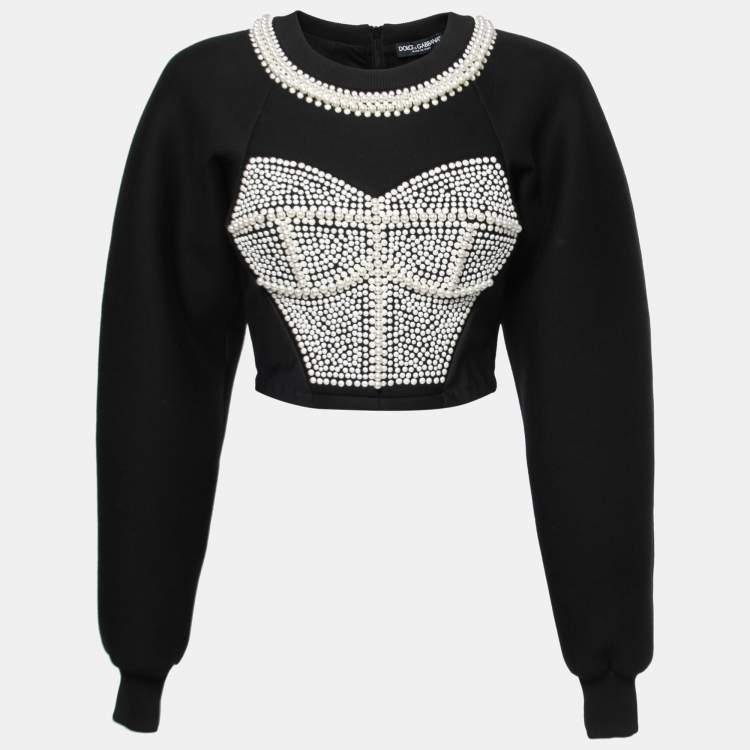 Pre Owned Dolce & Gabbana Black Neoprene Pearl Beaded Corset Cropped Sweatshirt S