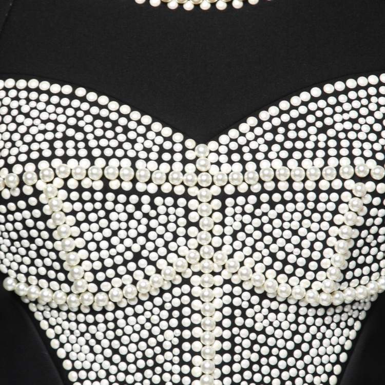 Pre Owned Dolce & Gabbana Black Neoprene Pearl Beaded Corset Cropped Sweatshirt S