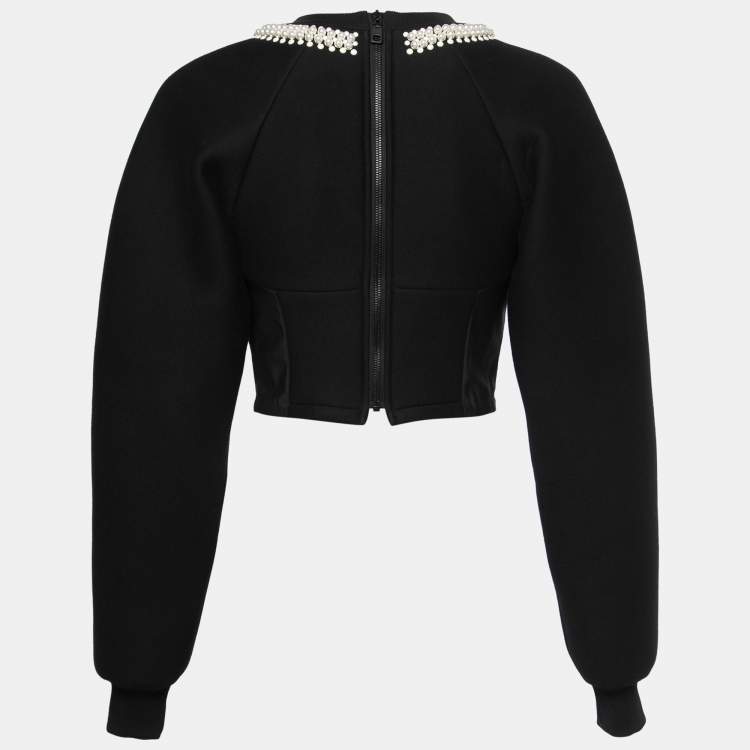 Pre Owned Dolce & Gabbana Black Neoprene Pearl Beaded Corset Cropped Sweatshirt S
