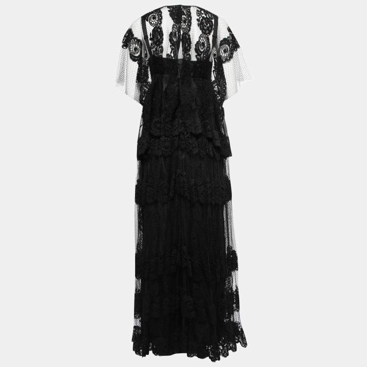 Pre Owned Dolce & Gabbana Black Floral Lace Overlay Tiered Gown M