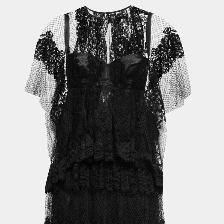 Pre Owned Dolce & Gabbana Black Floral Lace Overlay Tiered Gown M