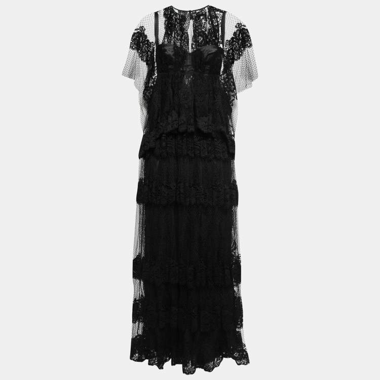 Pre Owned Dolce & Gabbana Black Floral Lace Overlay Tiered Gown M