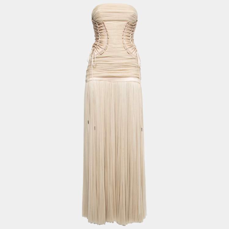 Pre Owned Dolce & Gabbana Beige Silk Mesh Ruched Strapless Gown S