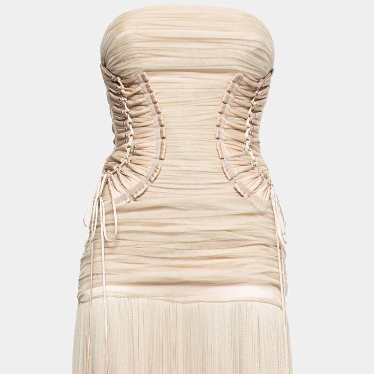 Pre Owned Dolce & Gabbana Beige Silk Mesh Ruched Strapless Gown S