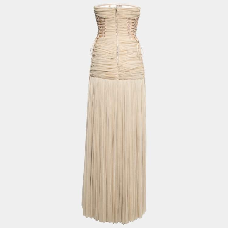 Pre Owned Dolce & Gabbana Beige Silk Mesh Ruched Strapless Gown S