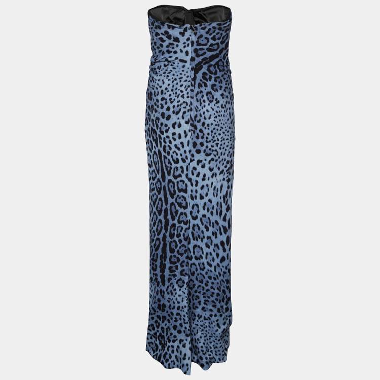 Pre Owned Dolce & Gabbana Blue Animal Printed Silk Bow Detail Strapless Maxi Dress L