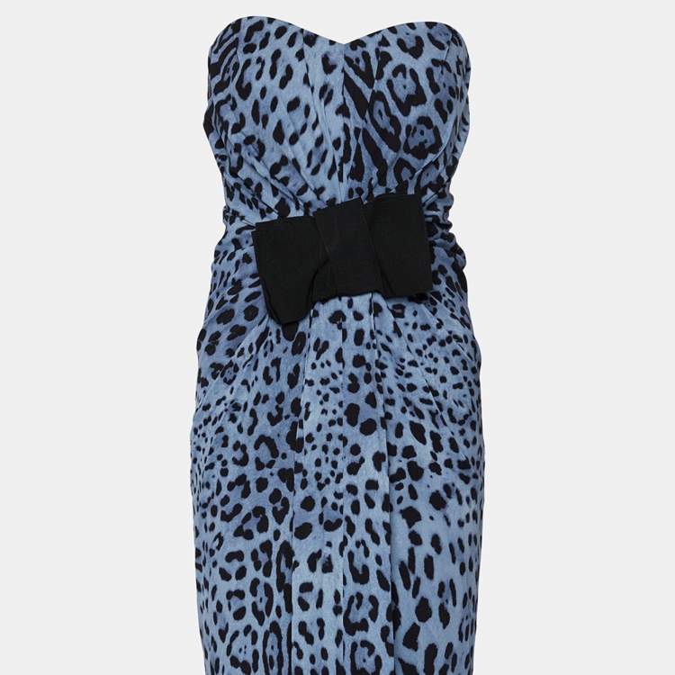 Pre Owned Dolce & Gabbana Blue Animal Printed Silk Bow Detail Strapless Maxi Dress L