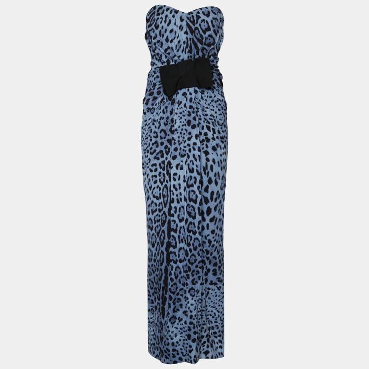 Pre Owned Dolce & Gabbana Blue Animal Printed Silk Bow Detail Strapless Maxi Dress L