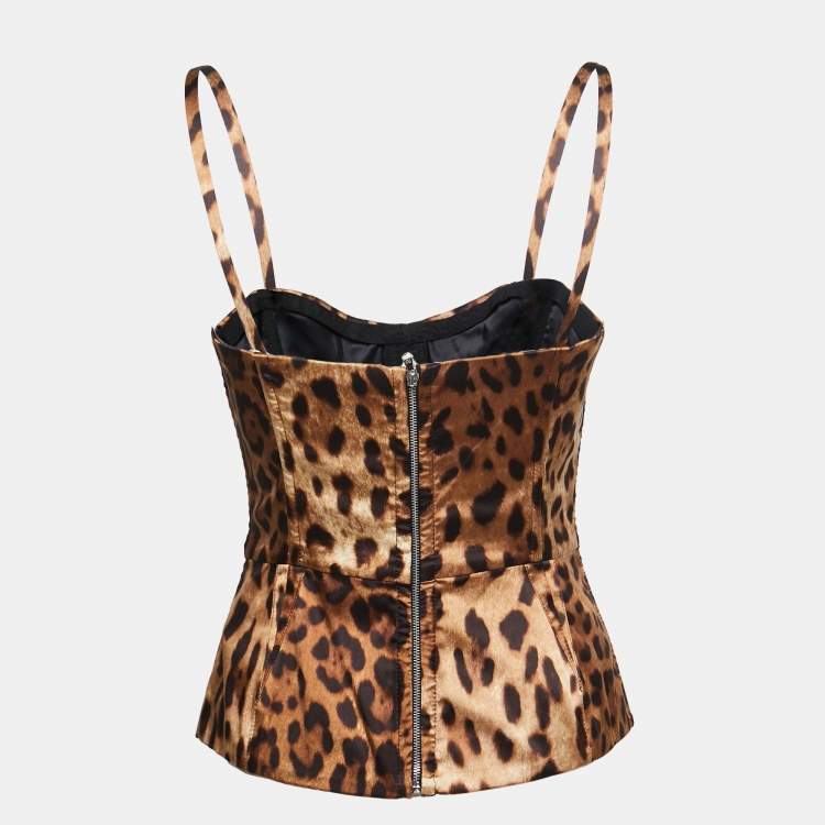 Dolce & Gabbana Brown Leopard Print Satin Silk Corset Top S Dolce