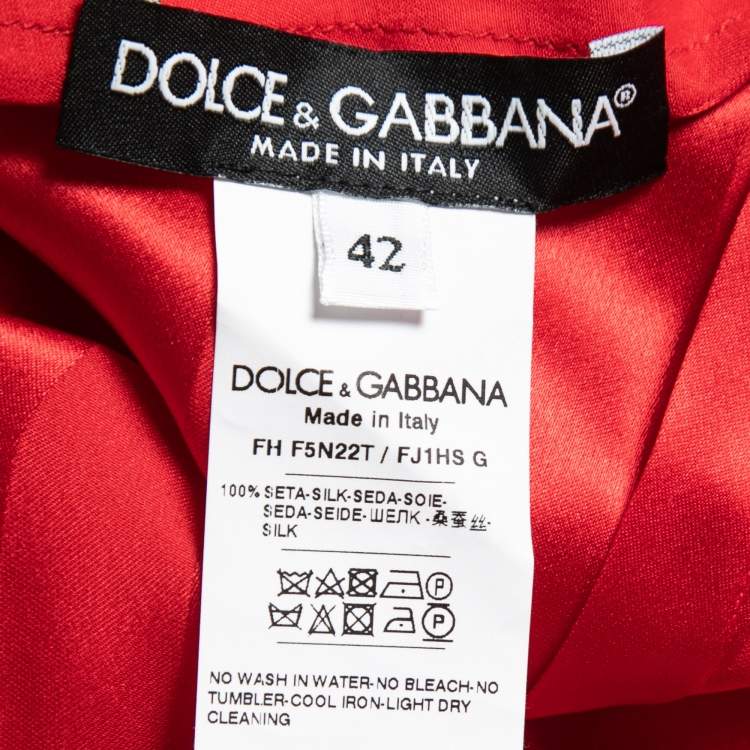 Pre Owned Dolce & Gabbana Red Striped Silk Pleated Front Tie Neck Blouse M