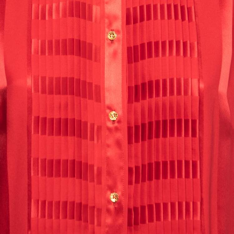 Pre Owned Dolce & Gabbana Red Striped Silk Pleated Front Tie Neck Blouse M