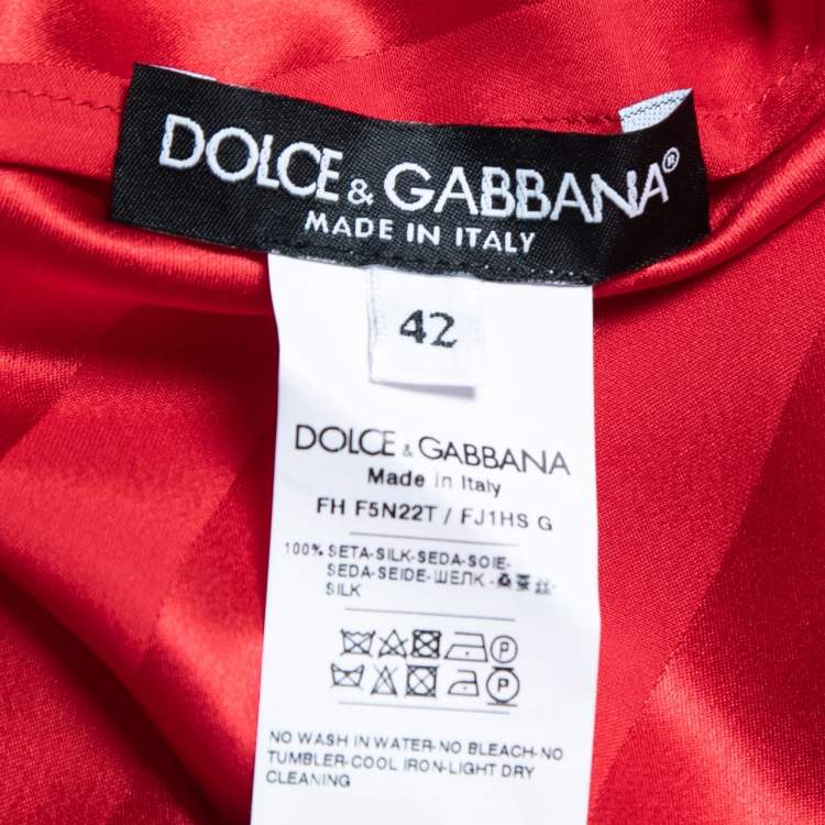 Pre Owned Dolce & Gabbana Red Striped Silk Pleated Front Tie Neck Blouse M