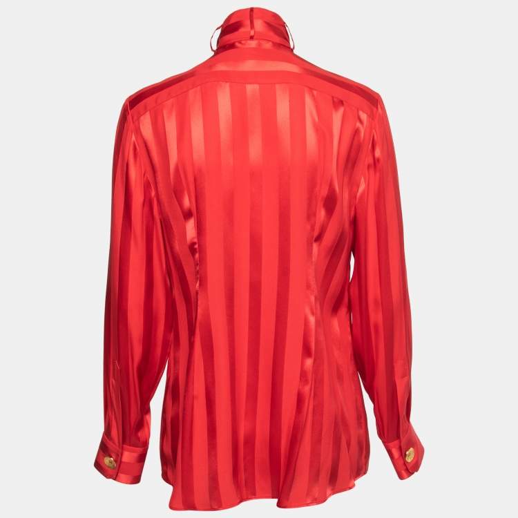 Pre Owned Dolce & Gabbana Red Striped Silk Pleated Front Tie Neck Blouse M