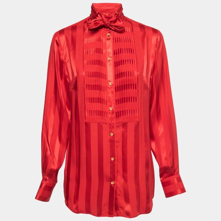Pre Owned Dolce & Gabbana Red Striped Silk Pleated Front Tie Neck Blouse M