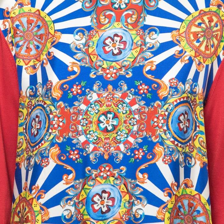Pre Owned Dolce & Gabbana Red Printed Silk & Knit Pullover M