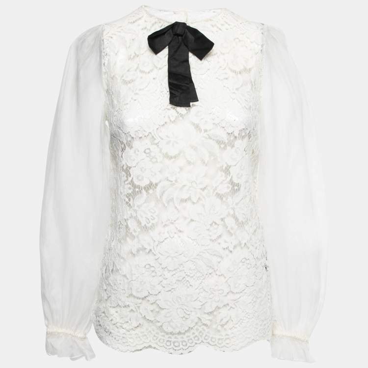 Pre Owned Dolce & Gabbana White Lace and Organza Long Sleeve Top M