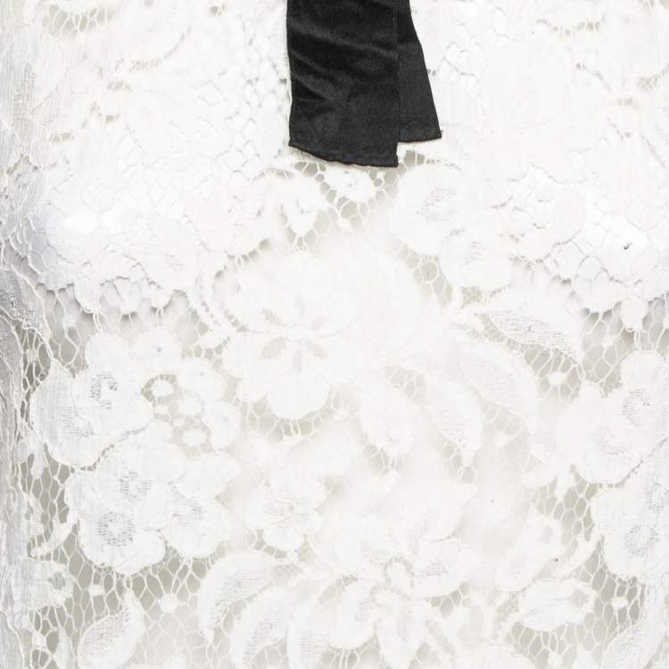 Pre Owned Dolce & Gabbana White Lace and Organza Long Sleeve Top M