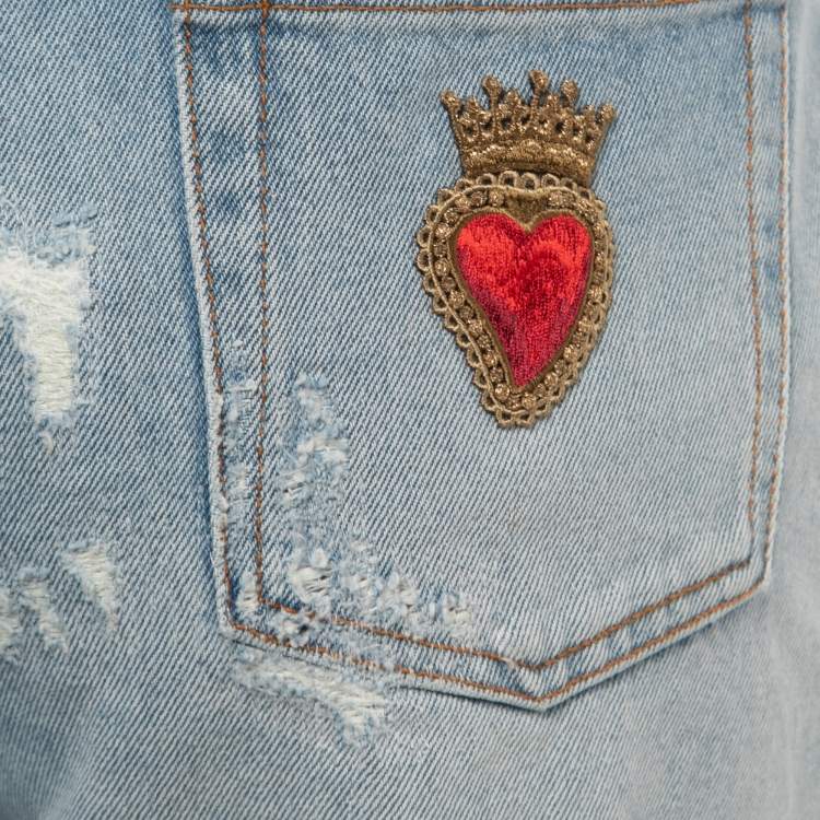 Pre Owned Dolce & Gabbana Blue Ripped Denim Boyfriend Jeans L Waist 34"