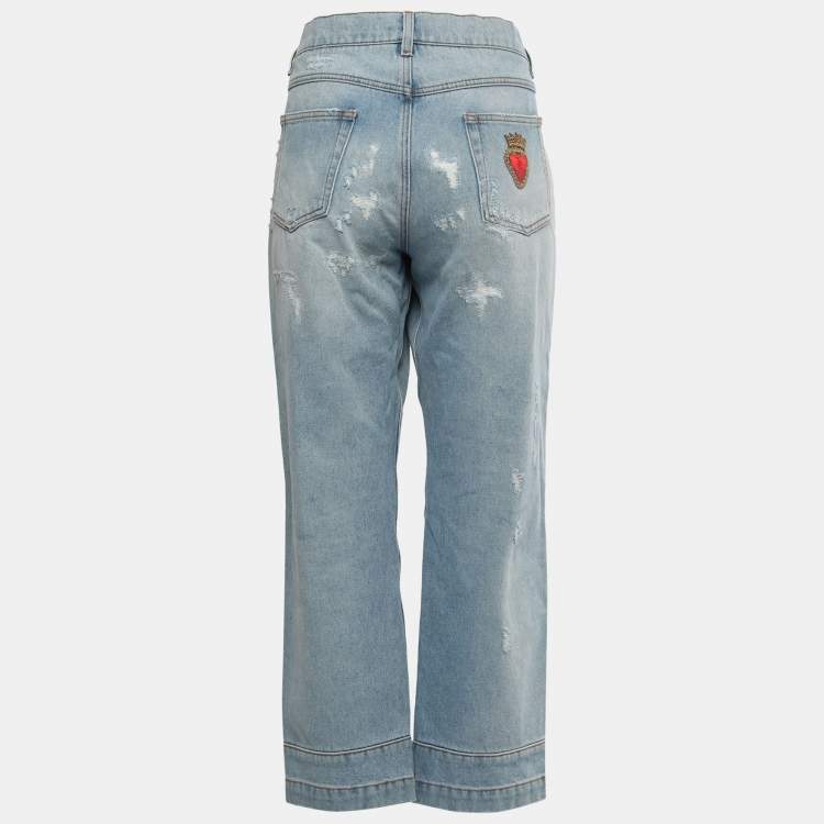 Pre Owned Dolce & Gabbana Blue Ripped Denim Boyfriend Jeans L Waist 34"
