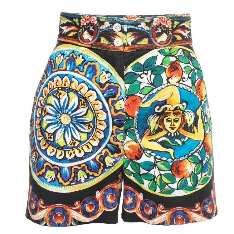 Pre Owned Dolce & Gabbana Black Printed Cotton High Waist Shorts S