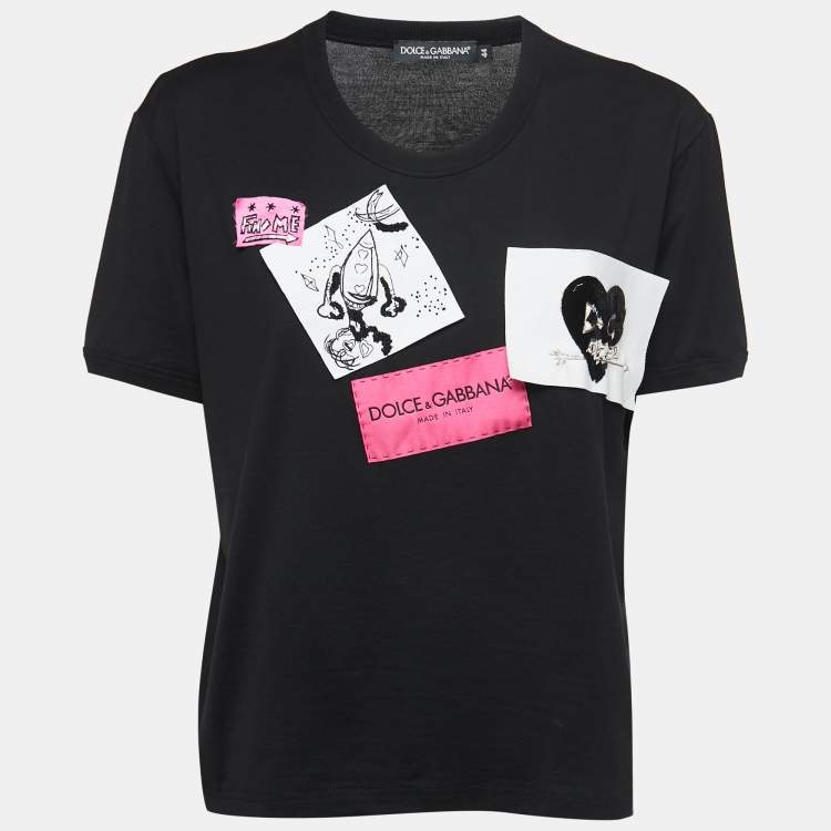 Pre Owned Dolce & Gabbana Black Cotton Patch Detail Crew Neck T-Shirt M
