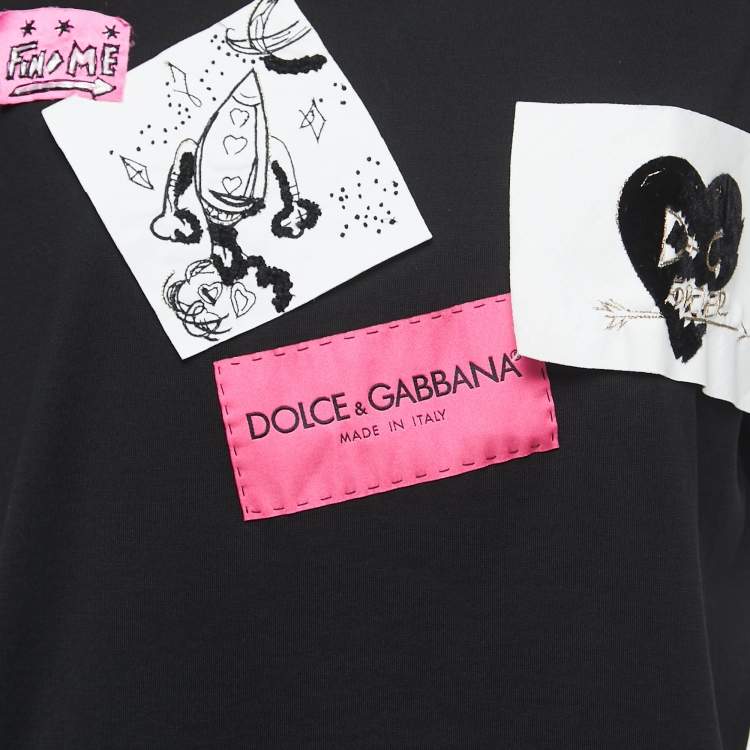 Pre Owned Dolce & Gabbana Black Cotton Patch Detail Crew Neck T-Shirt M