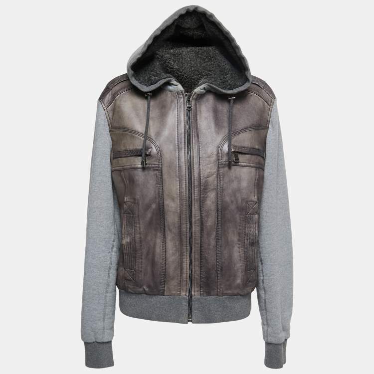 Pre Owned Dolce & Gabbana Grey Leather and Knit Zip Front Hooded Jacket  XL