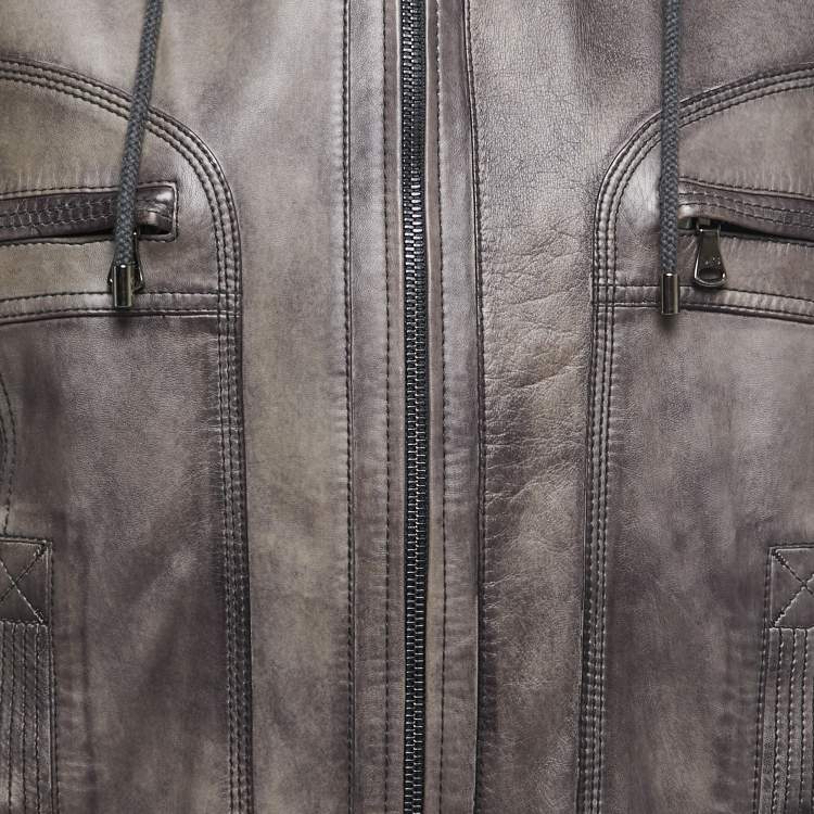 Pre Owned Dolce & Gabbana Grey Leather and Knit Zip Front Hooded Jacket  XL