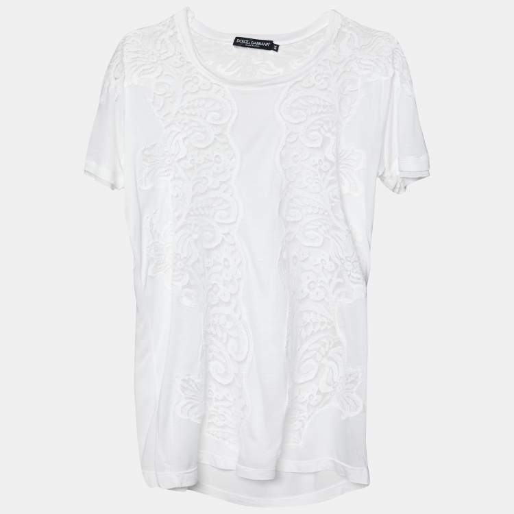 Pre Owned Dolce & Gabbana White Modal Knit Lace Trim T-Shirt M