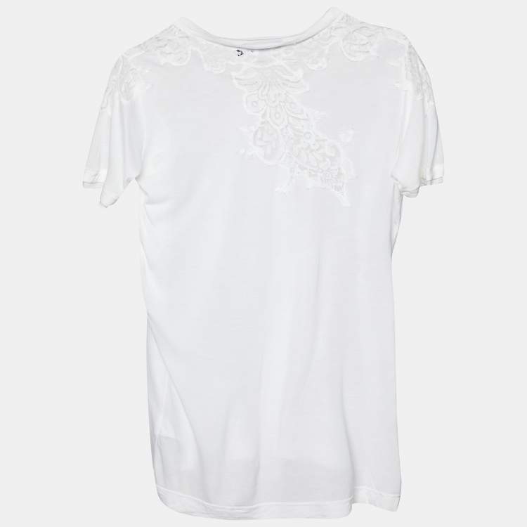 Pre Owned Dolce & Gabbana White Modal Knit Lace Trim T-Shirt M