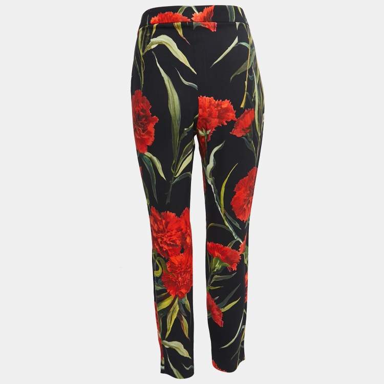 Pre Owned Dolce & Gabbana Black Floral Printed Crepe Tapered Trousers M