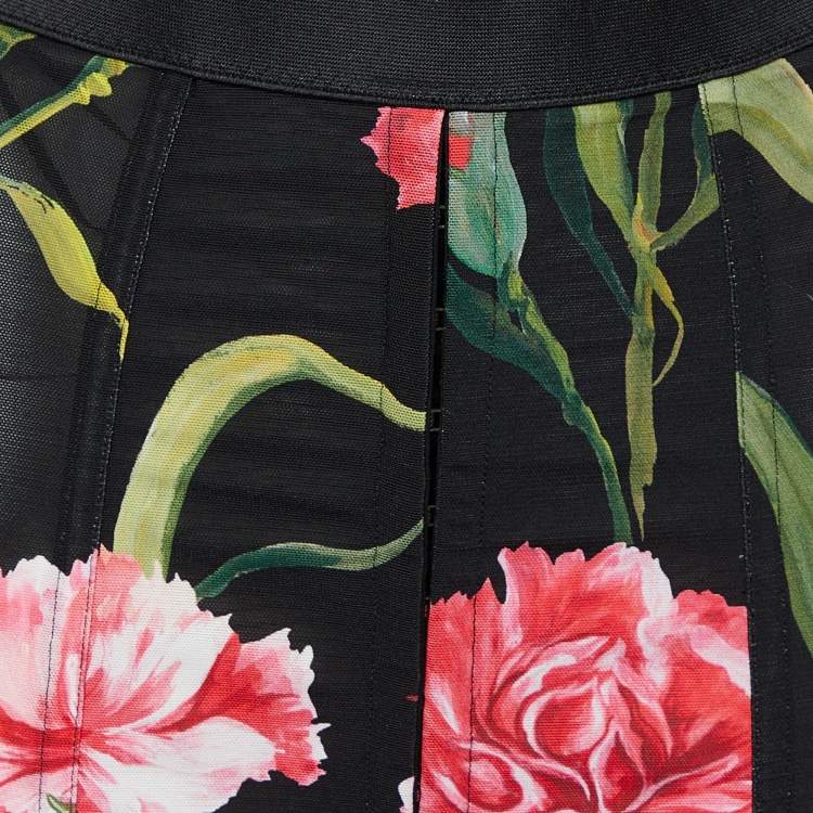 Pre Owned Dolce & Gabbana Black Floral Printed Mesh High Waist Midi Skirt S